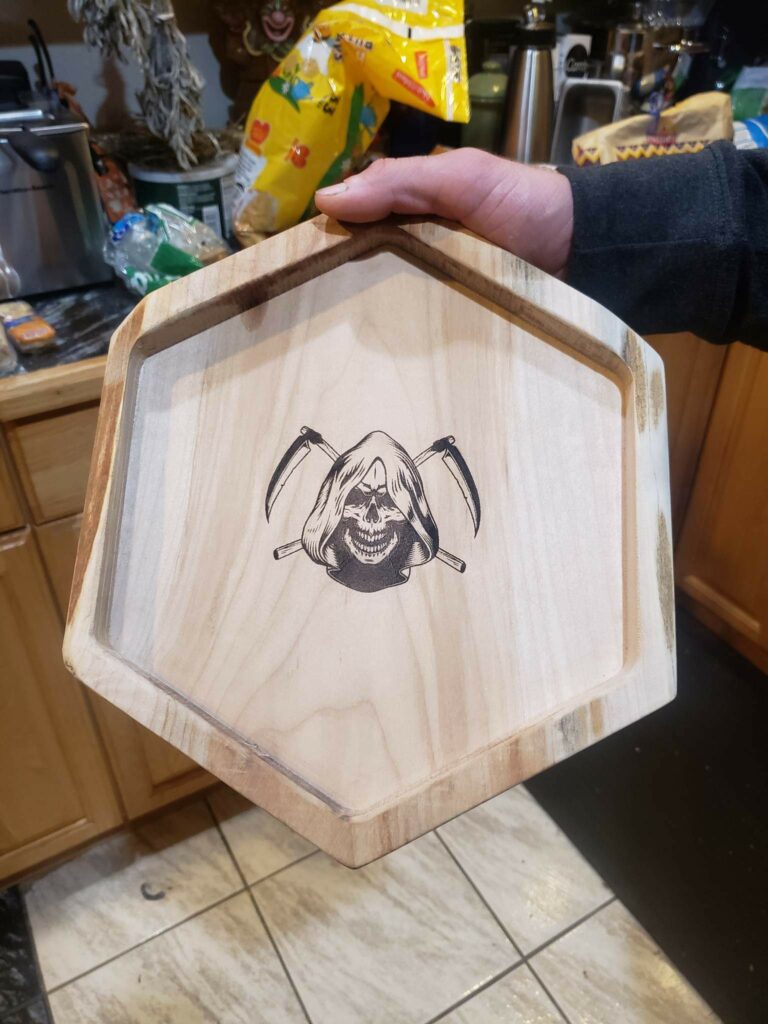 Custom wood CNC dice tray laser etched by Galactic Sign Co.
