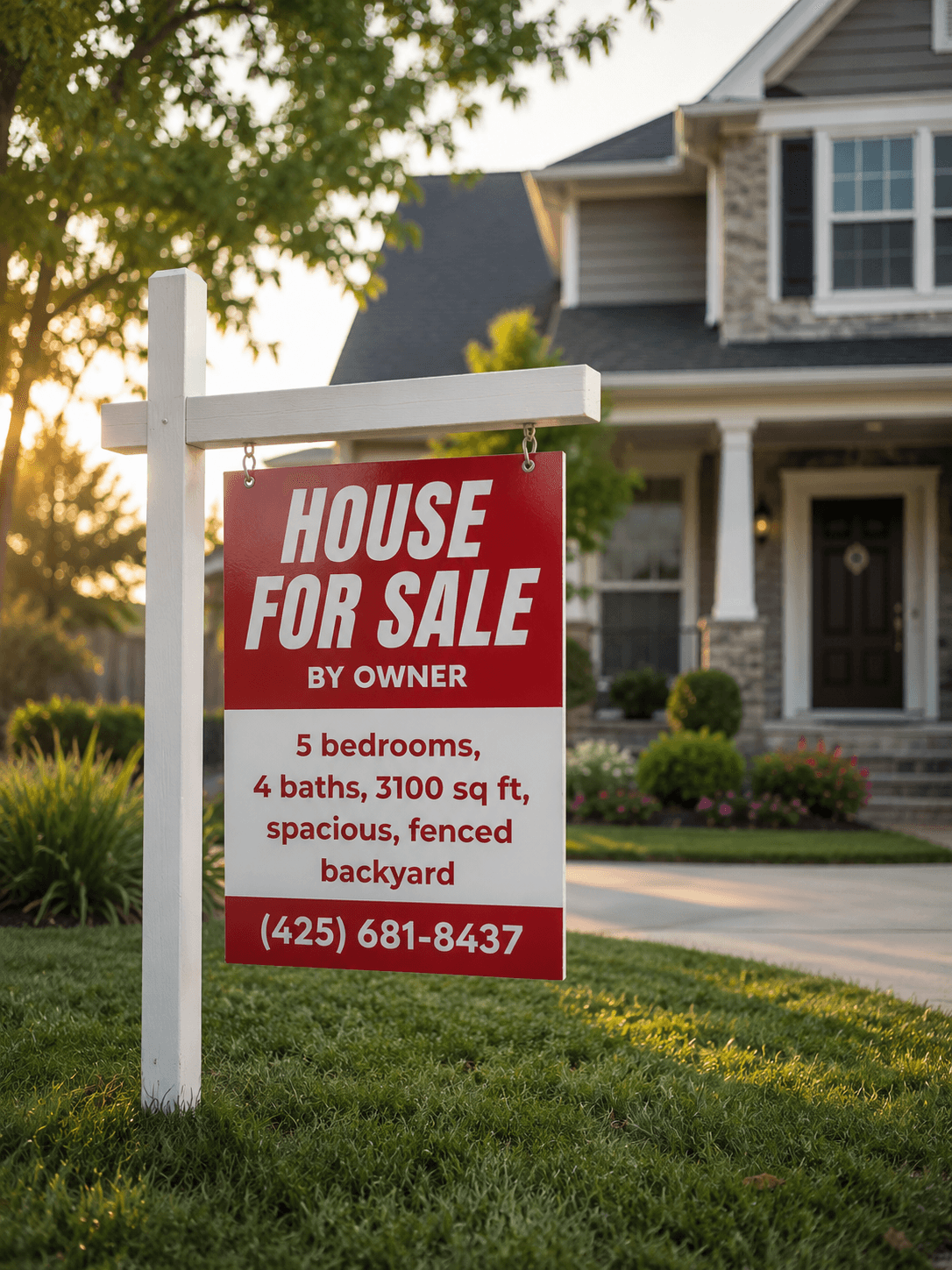 Custom House for Sale by owner hanging real estate sign in Bellevue WA by Galactic Sign Co