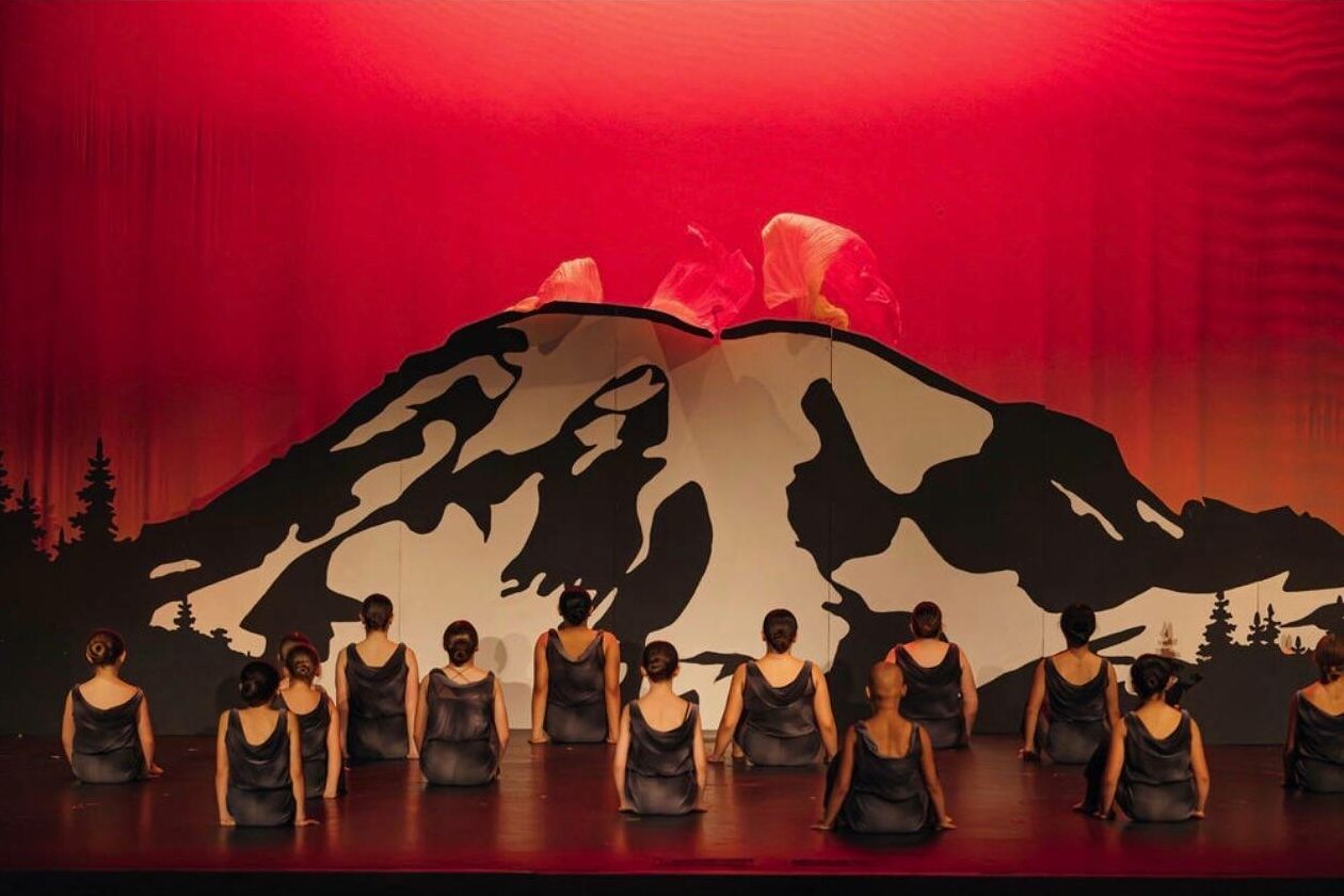 Custom fabricated PNW mountain stage backdrop for dance performance recital in Puyallup WA by Galactic Sign Co.