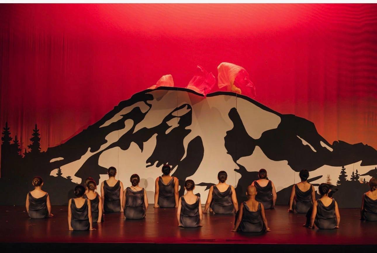 Custom fabricated PNW mountain stage backdrop for dance performance recital in Puyallup WA by Galactic Sign Co.